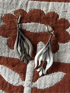 Sterling Silver Drop Floral Hoop Earrings - Silver